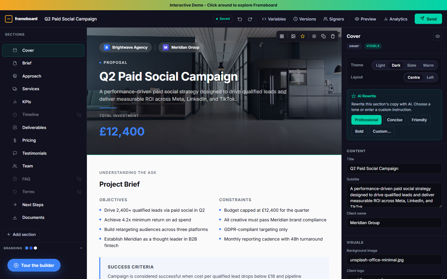 Frameboard drag-and-drop proposal builder