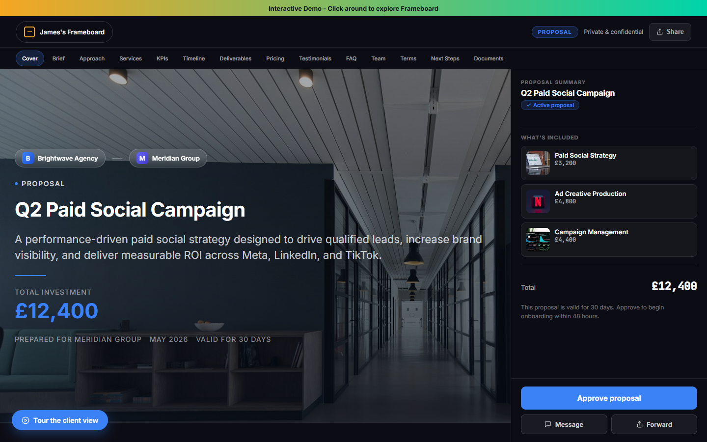 Live proposal with in-proposal chat, e-sign, and Stripe payment
